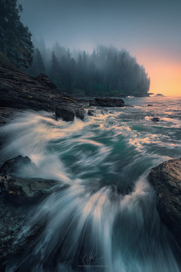 Rushing waves at Sombrio Point in Juan de Fuca Provincial Park on Vancouver Island / Canada in mystic fog atmosphere at sunrise