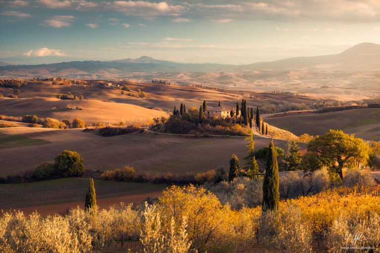 Idyllic property on a hill in Tuscany, Val d'Orcia, with cypresses in golden light in autumn
