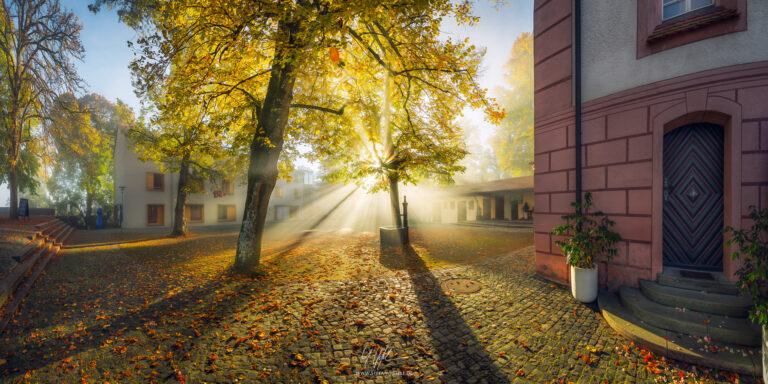 Innenhof der Veitsburg in Ravensburg in magisch-goldenem Sonnenaufgangslicht im Herbst