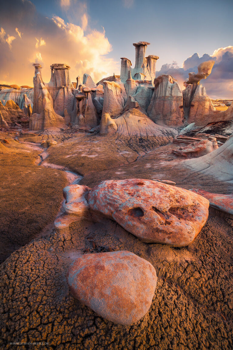 Bizarre rock formations in New Mexico, USA in the dreamlike golden evening light
