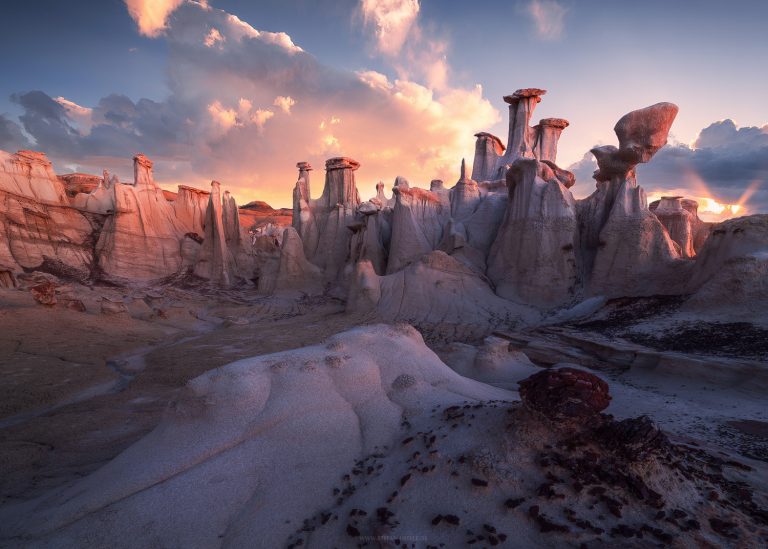 Bizarre rock formations in New Mexico, USA in the dreamlike evening light