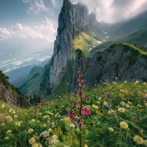 Saxer Lücke with dreamlike flower meadow on the mountain ridge wrapped in mystic fog