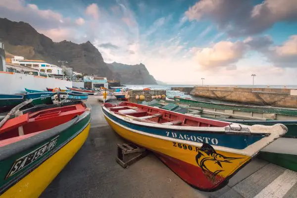 Colourful fishing boats in the morning in the harbour of Ponte do Sol - Cape Verde