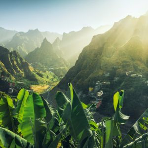 The green Xoxo Valley on Santo Antao - Cape Verde - Africa in the picturesque afternoon light from an unusual perspective
