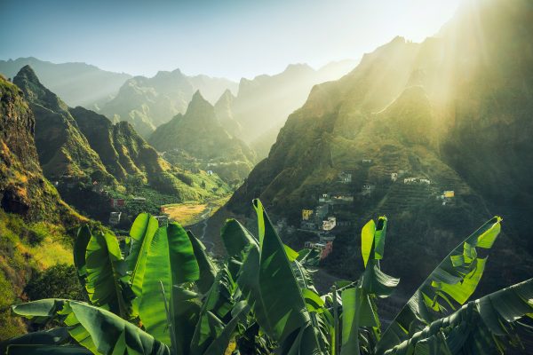 The green Xoxo Valley on Santo Antao - Cape Verde - Africa in the picturesque afternoon light from an unusual perspective