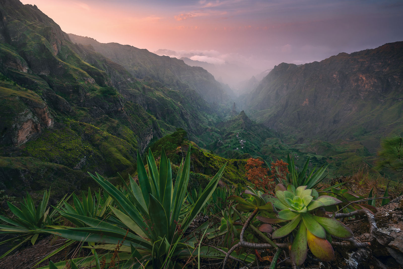 Buy image - The picturesque green Xoxo Valley on Santo Antao - Cape Verde in the soft evening light with lush vegetation