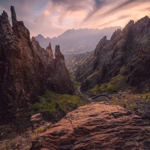 Epic view in the mountains of Santo Antao / Cape Verde - Africa, from Forquinha towards Cha de Morte for the colourful sunset.