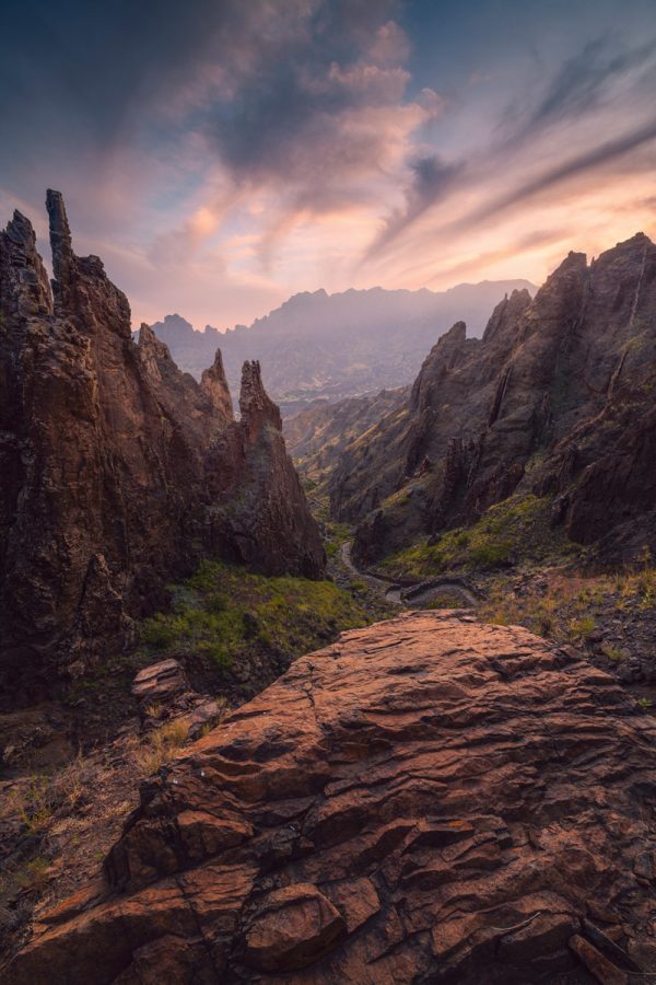 Epic view in the mountains of Santo Antao / Cape Verde - Africa, from Forquinha towards Cha de Morte for the colourful sunset.