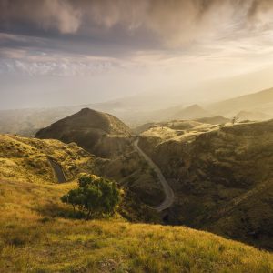 Golden evening light on the high, wide volcanic slopes of Santo Antao - Cape Verde looking towards Porto Novo