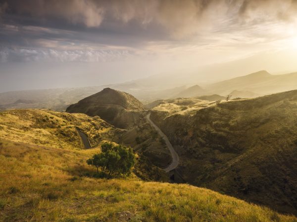Golden evening light on the high, wide volcanic slopes of Santo Antao - Cape Verde looking towards Porto Novo