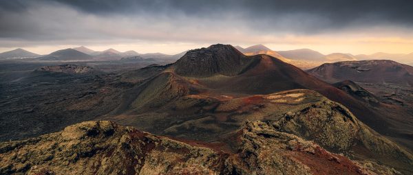 The volcano Montana del Senalo from Pico Partido photographed on the Spanish Canary Island Lanzarote in the golden evening light