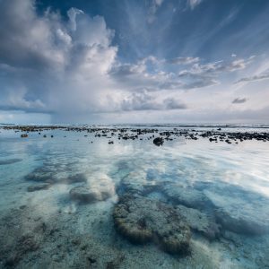 View over shallow coral reef in the Indian Ocean under glassy water and dramatic tropical sky in the early morning
