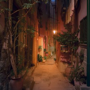 Picturesque alley in the atmospheric, dark light of the blue hour in Vernazza, Cinque Terre