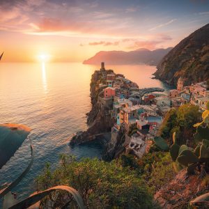 The picturesque town of Vernazza in the Cinque Terre for a romantic sunset over the Mediterranean Sea