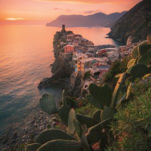 The picturesque town of Vernazza in the Cinque Terre for a romantic sunset over the Mediterranean Sea