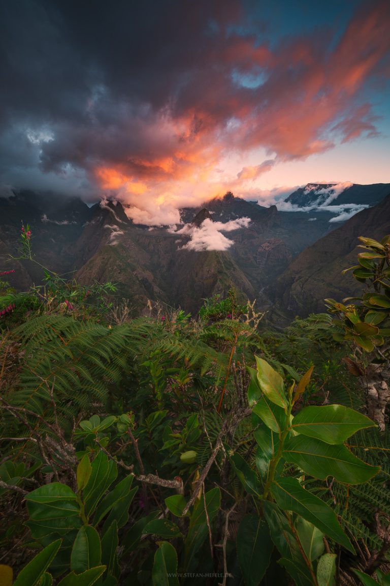 Epic evening atmosphere near Cap Noir on Reunion Island with Piton Cabris and other mountains